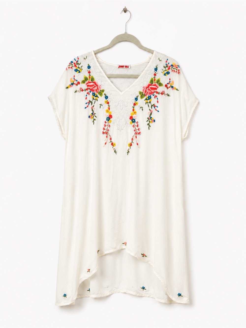 Johnny Was White Embroidered V-Neck Tunic Top with Floral Accents - Picture 1 of 6
